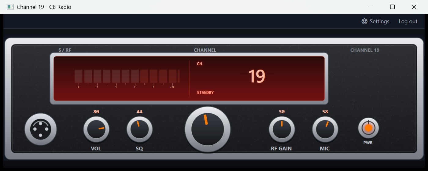The Channel 19 desktop client showing the Classic Chrome faceplate, S-meter, channel display and knobs