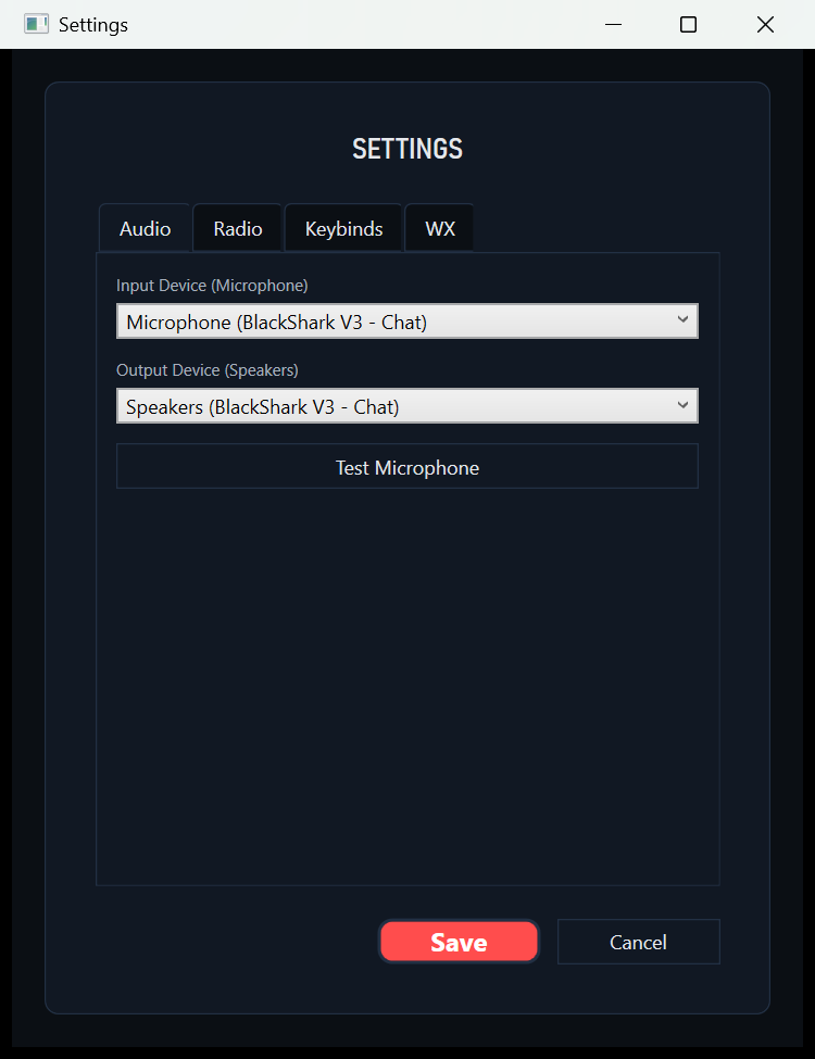 The Audio tab, with input and output device pickers