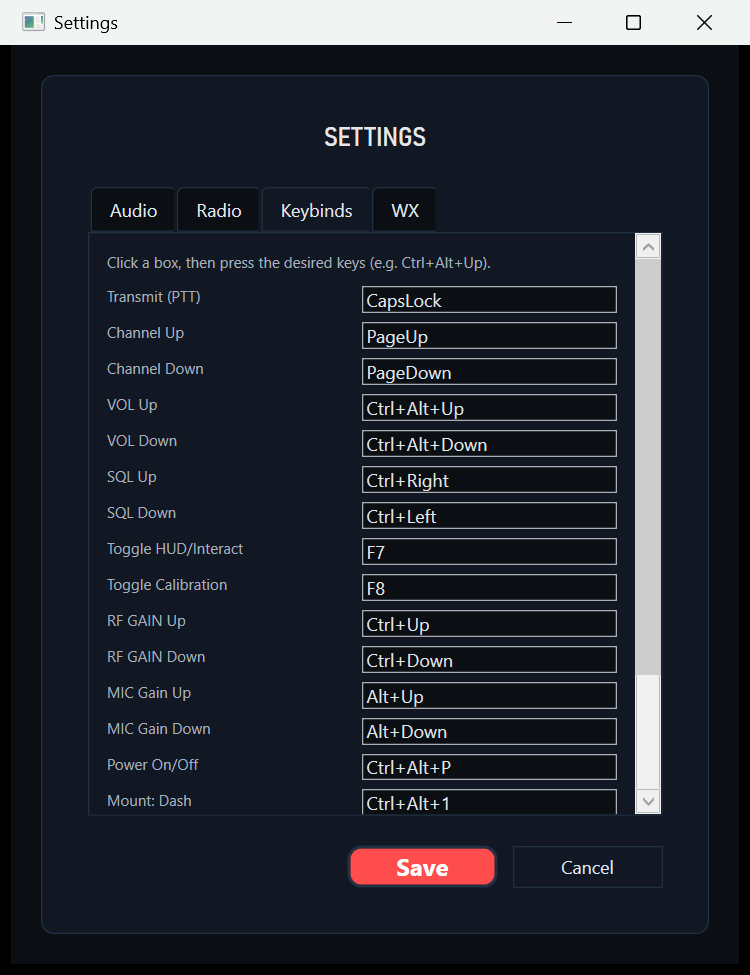 The Keybinds tab of the client settings window, listing every bindable function